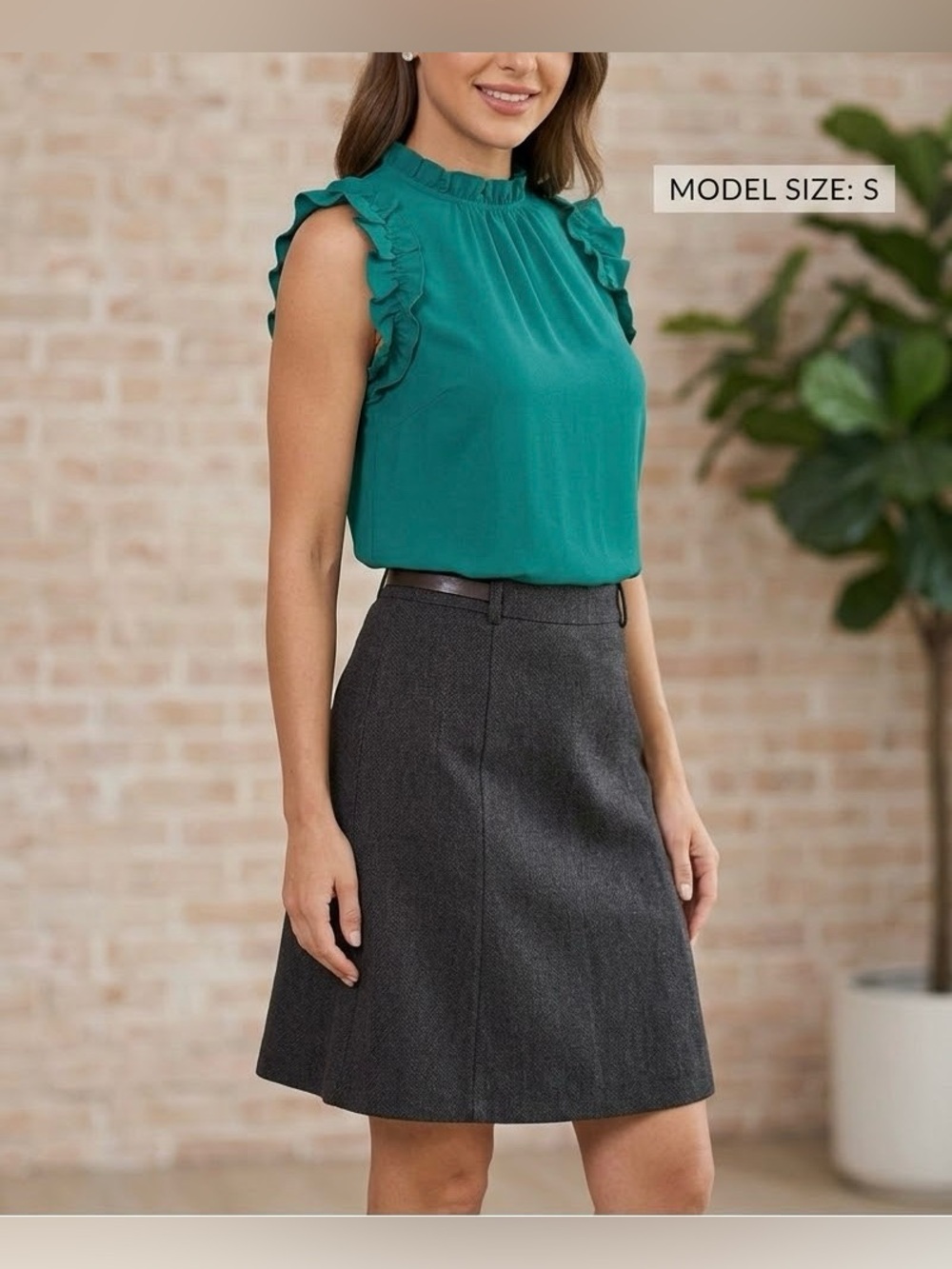 TCEC Emerald Green Ruffle High Neck Sleeveless Top Blouse S